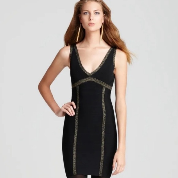 Like-New Guess Black/Gold Body-con Bandage Dress, Size S - Picture 2 of 9